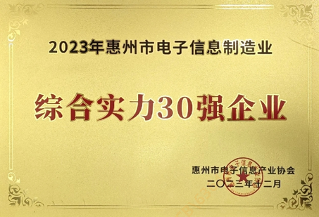 我司入選惠州市電子信息制造業綜合實力30強